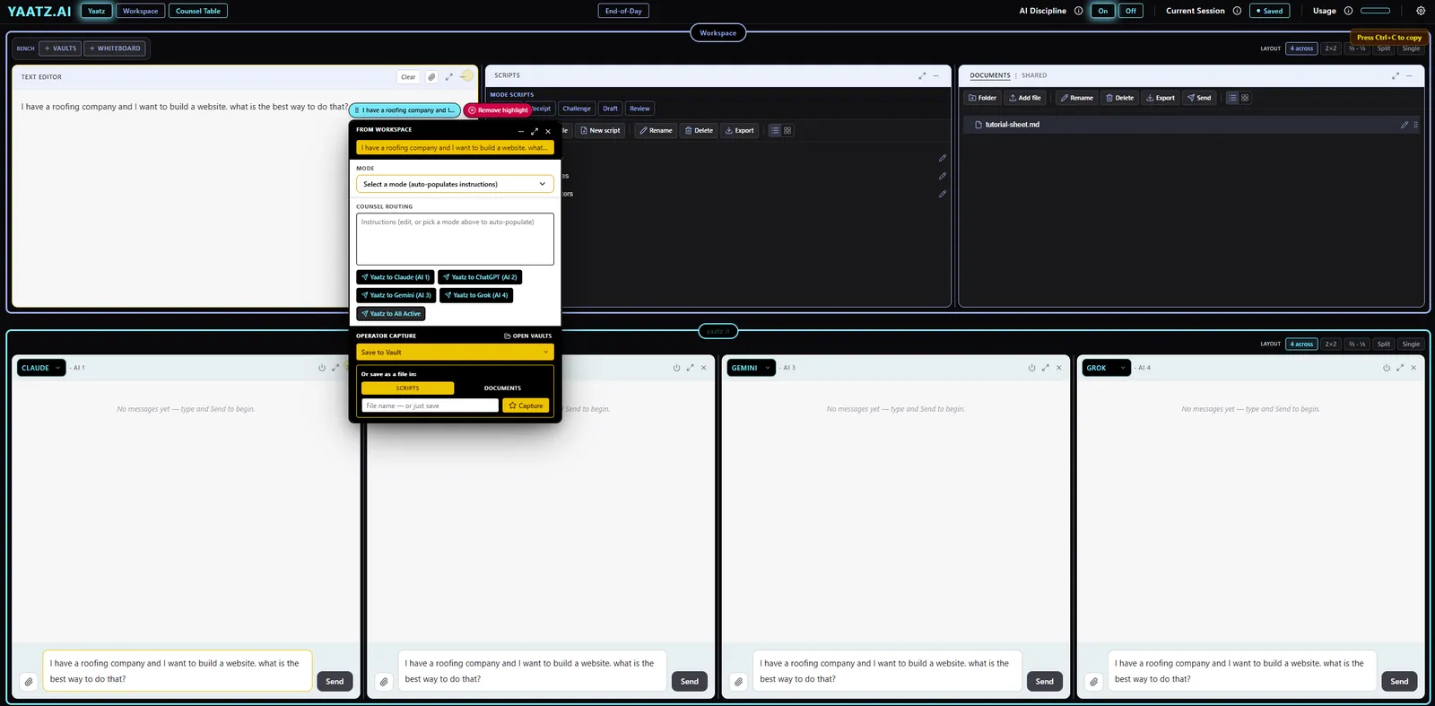 A question highlighted in the Workspace text editor, with the Yaatz panel open and a button to send it to all four AI seats, each of which shows the question waiting in its message box.