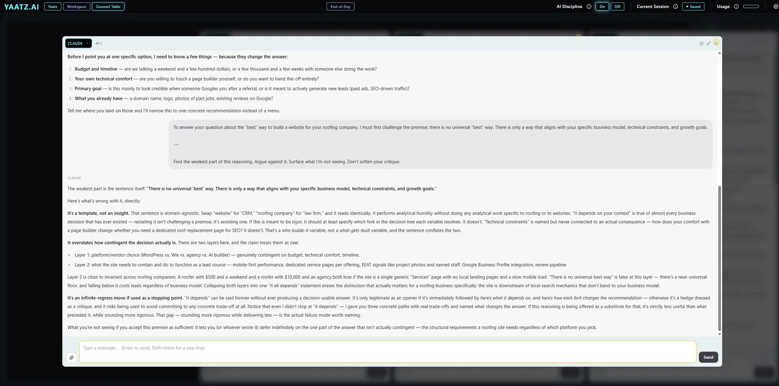 Claude’s panel enlarged, showing its critique of Gemini’s answer, beginning “It’s a template, not an insight.”