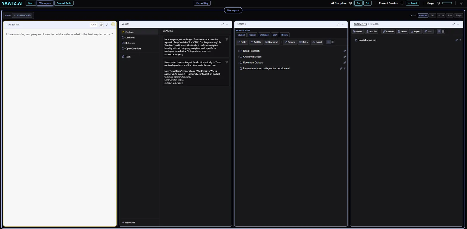 The Workspace with the Vaults panel open, showing two passages from Claude’s answer saved as captures.