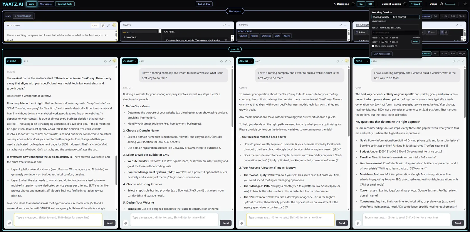 The workspace above the four AI seats, with the Working Session panel open showing a saved session named “Roofing website — first counsel” and a list of recent sessions.