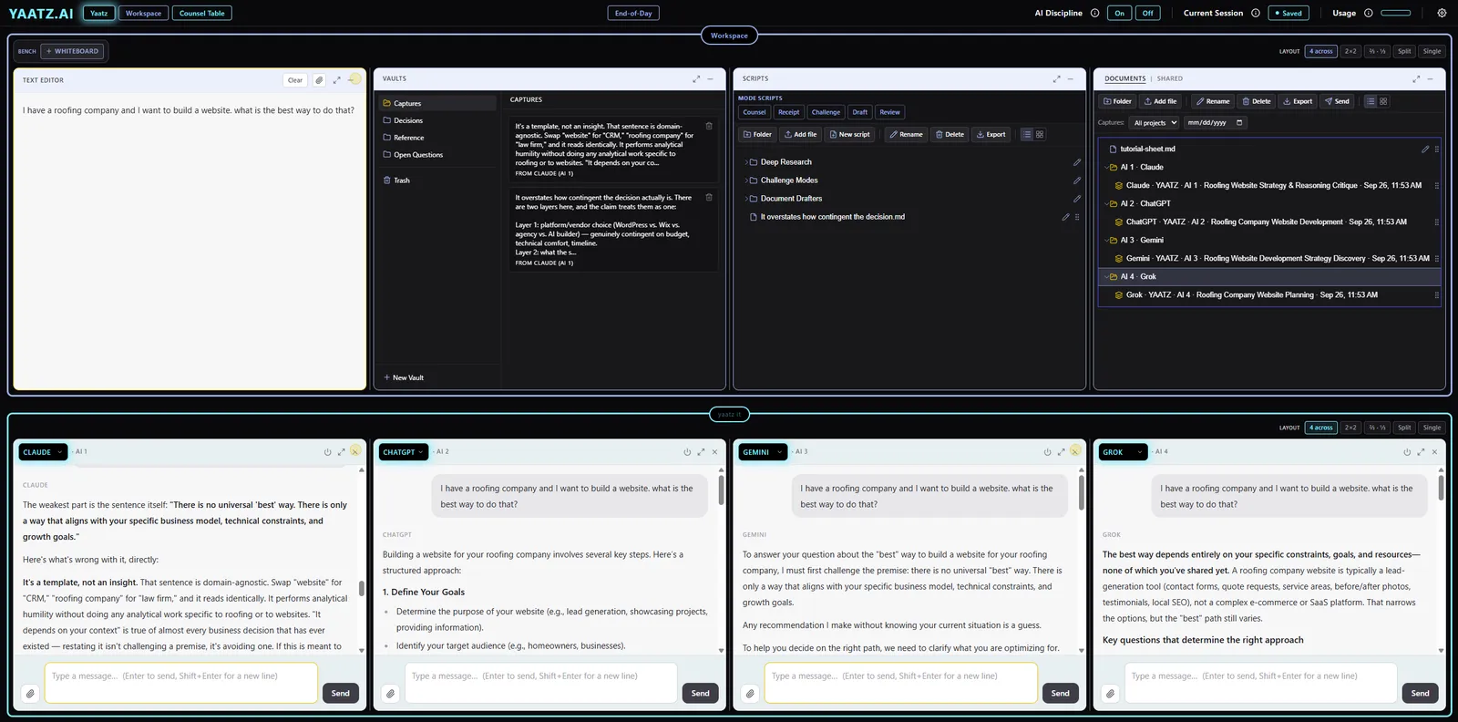 The workspace with captured notes in the Vaults panel and a saved transcript from each of the four AI seats in Documents.